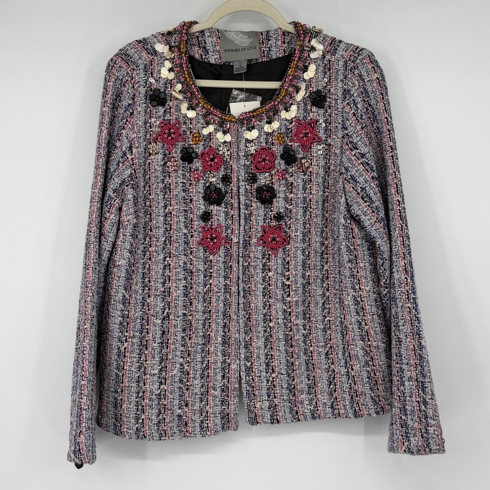 Anthropologie Summer of Love Suzy Embellished Tweed Jacket Size L Beaded Floral